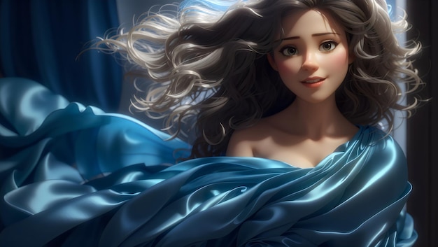 Young Woman in Blue Dress Photoshoot 3D cartoon style created with Generative AI