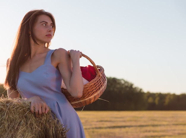 A young woman in a blue dress stands next to a haystack in a mown field