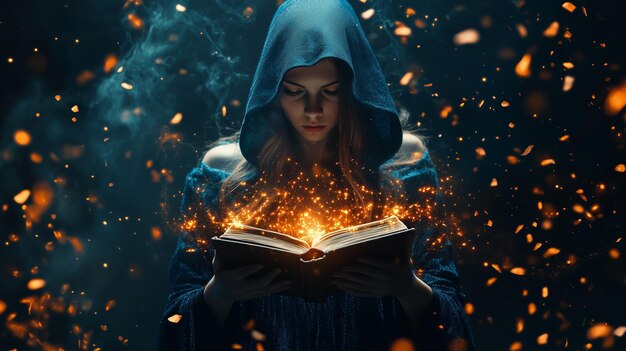 Photo a young woman in a blue hooded cloak gazes intently at a glowing book surrounded by swirling sparks and mist in an enchanted setting