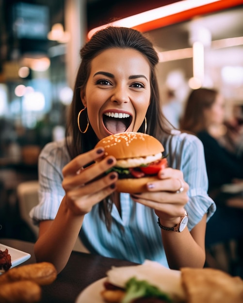 Young woman in blue shirt and black gloves eating delicious juicy hamburger with bee Generative AI