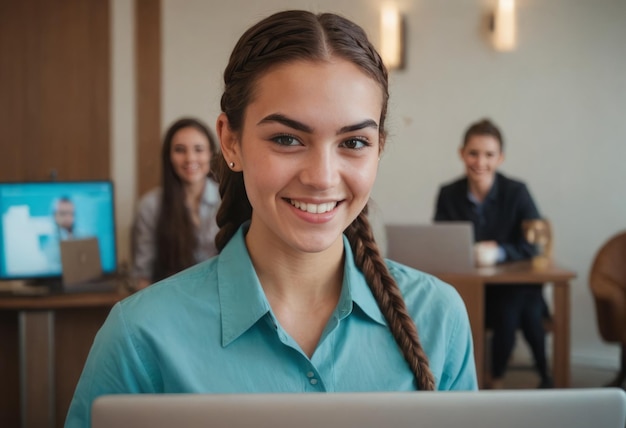 A young woman in a blue shirt is attentively engaged at her computer in a bustling office signaling