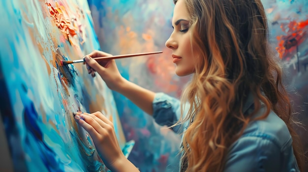 Photo a young woman in a blue shirt paints on a canvas with a brush lost in her creative process