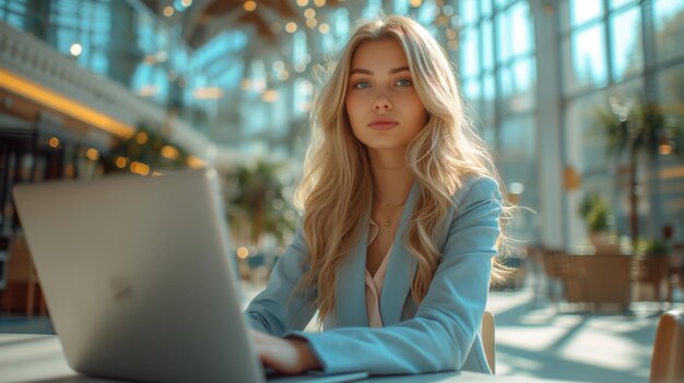 Young Woman in Blue Suit with Laptop in Office