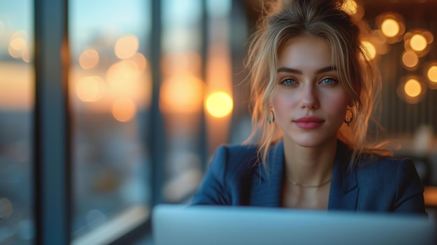 Young Woman in Blue Suit with Laptop in Office