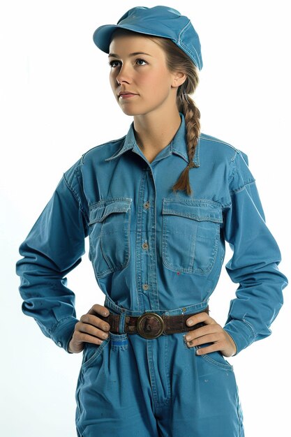 Photo young woman in blue work attire poses confidently indoors