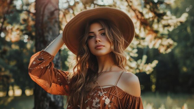 Photo young woman in a boho hat posing in a forest