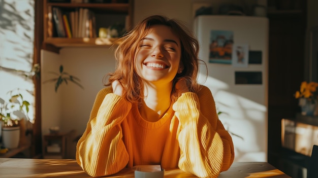 Photo a young woman in a bright yellow sweater smiles joyfully while sitting at a sunlit table surrounded by plants in a cozy indoor space