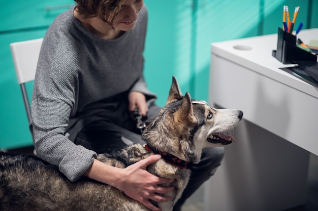 A young woman bringing her dog for examination in a vet clinic.