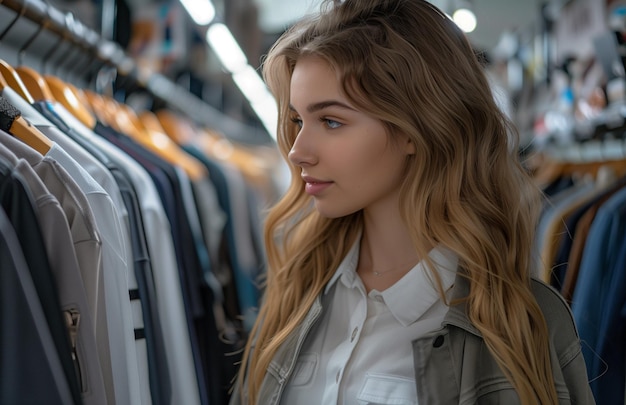 Photo a young woman browses fashion items in a store selecting from hanging racks