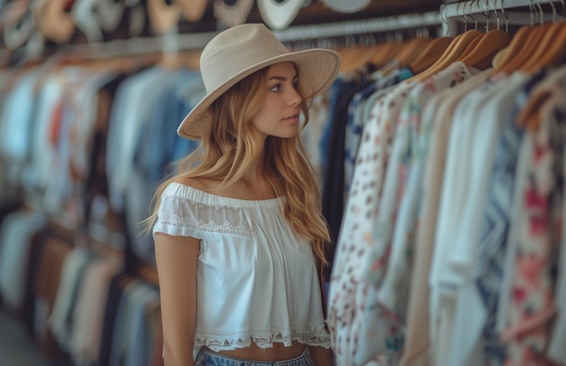 Photo a young woman browses fashion items in a store selecting from hanging racks