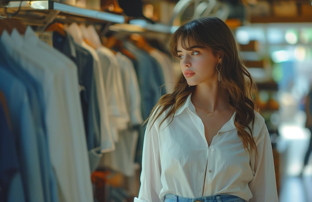 Photo a young woman browses fashion items in a store selecting from hanging racks