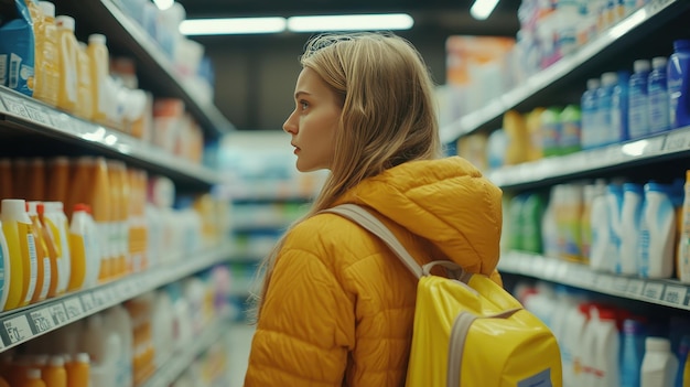 Photo young woman browsing cleaning products in a supermarket aisle during the afternoon in a cozy yellow jacket and backpack