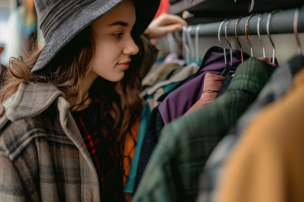 Photo young woman browsing clothing rack in a boutique on a casual day