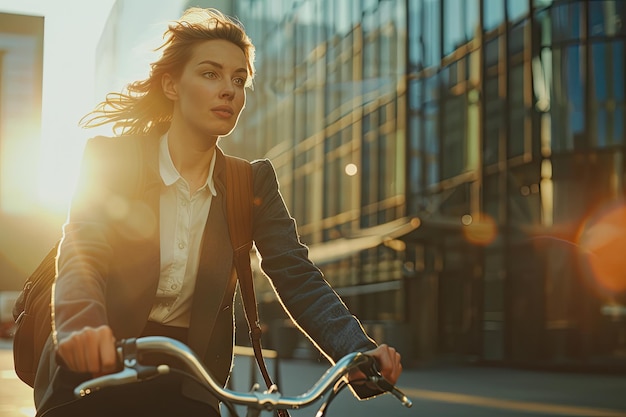 A young woman in business attire rides her bicycle with focus and determination through an urban street lined with brick buildings