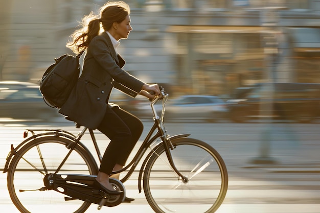 A young woman in business attire rides her bicycle with focus and determination through an urban street lined with brick buildings