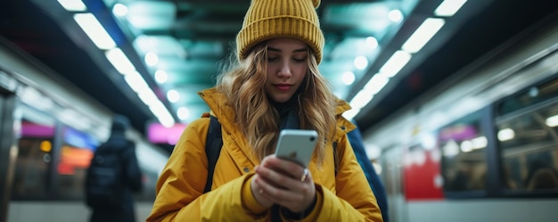 A young woman captured in a portrait as she engages with her mobile device while waiting at the subway station