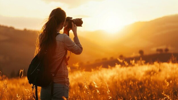 A young woman captures the golden hour amidst lush grass her camera focused on a radiant sunset that bathes the landscape in warm light