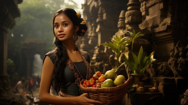 A young woman carrying a basket of vegetables and fruits