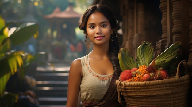 A young woman carrying a basket of vegetables and fruits