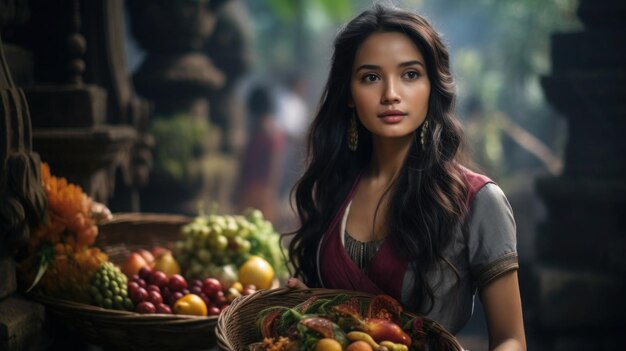 A young woman carrying a basket of vegetables and fruits