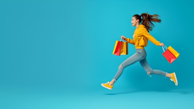 Photo young woman in casual clothing joyfully jumping with shopping bags vibrant energetic image of retail happiness modern consumer lifestyle ai