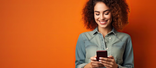 Young woman in casual denim clothes isolated on orange wall posing for a studio portrait Lifestyle concept with mobile phone