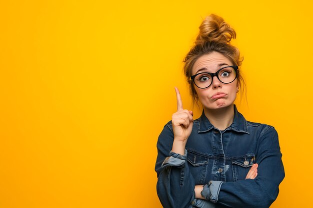 Photo young woman in casual shirt showing pointing finger to blank space