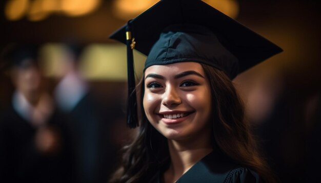 Young woman celebrates graduation with toothy smile generated by AI