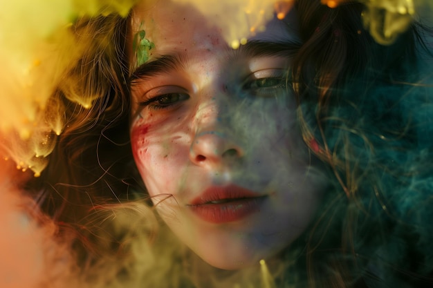 Young woman celebrating Holi festival with colorful powder