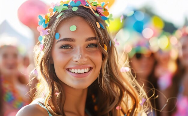 Young Woman Celebrating at Outdoor Festival with Colorful Confetti and Floral Headband