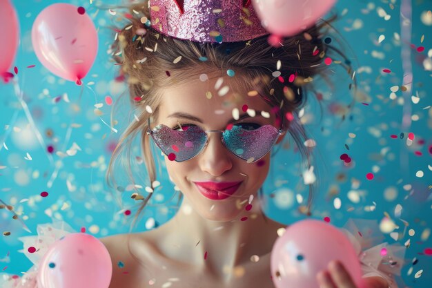 Photo young woman celebrating party with confetti and balloons