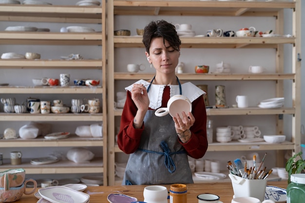 Young woman ceramist wearing apron painting and decorating clay mug in pottery studio