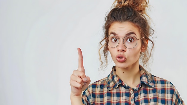 Photo young woman in checkered shirt and spectacles on gray background