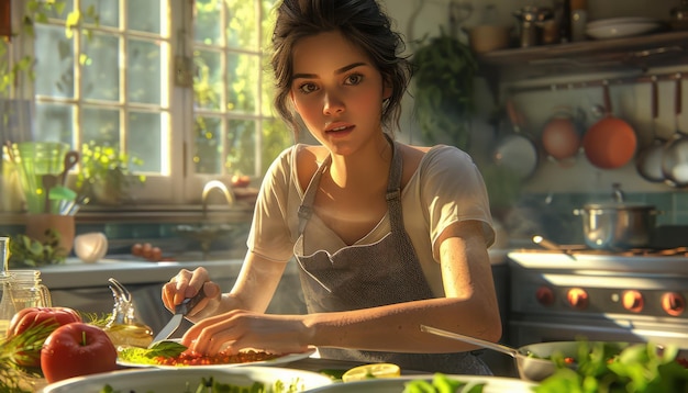 Photo young woman chef demonstrating culinary skills in a kitchen setting providing stepbystep