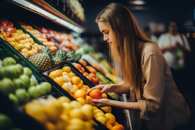 Young woman choosing fruits in the supermarket Focus on the foreground Generative AI