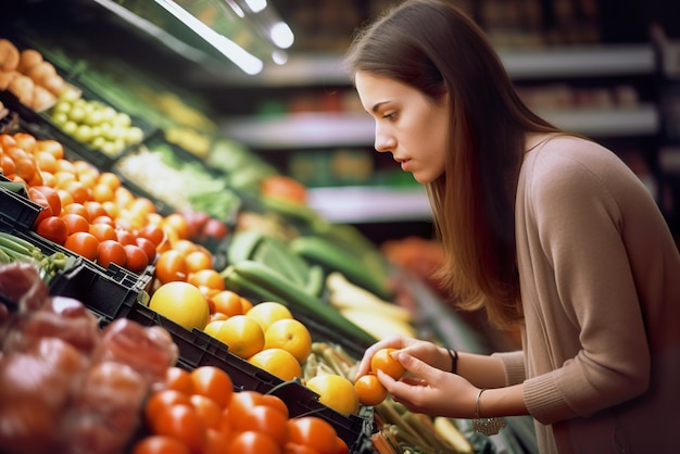 Young woman choosing fruits in the supermarket Focus on the foreground Generative AI