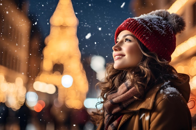 Young woman on christmas market with snowy weather enjoys winter holiday weather