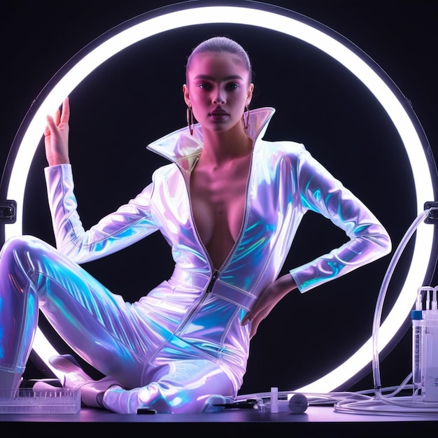 A young woman clad in futuristic jumpsuit attire strikes a pose for an editorial photo