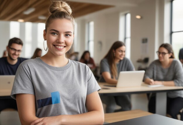 Young woman in a classroom with peers looking at camera with a focused academic setting behind her