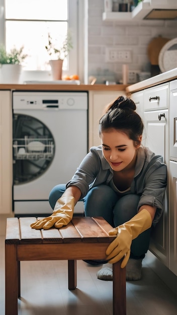 Young woman cleaning kitchen furniture in rubber gloves