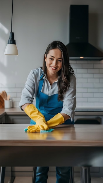 Young woman cleaning kitchen furniture in rubber gloves