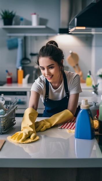 Young woman cleaning kitchen furniture in rubber gloves