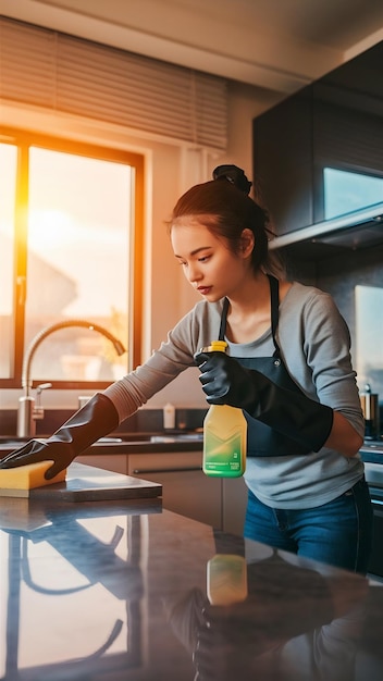 Young woman cleaning kitchen furniture in rubber gloves