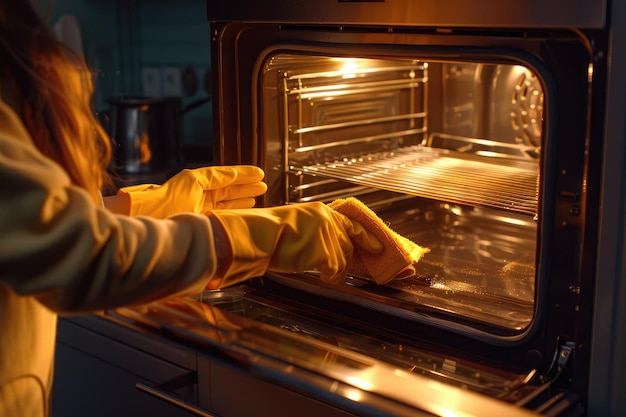 Young woman cleaning the oven with rubber gloves and rag cleaning concept