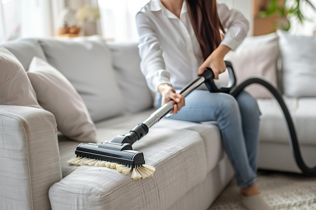 Young woman cleaning sofa with vacuum at home copy space Household springcleaning concept