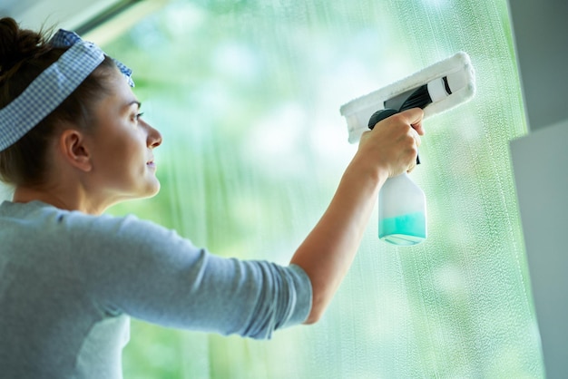 Young woman cleaning window int he kitchen