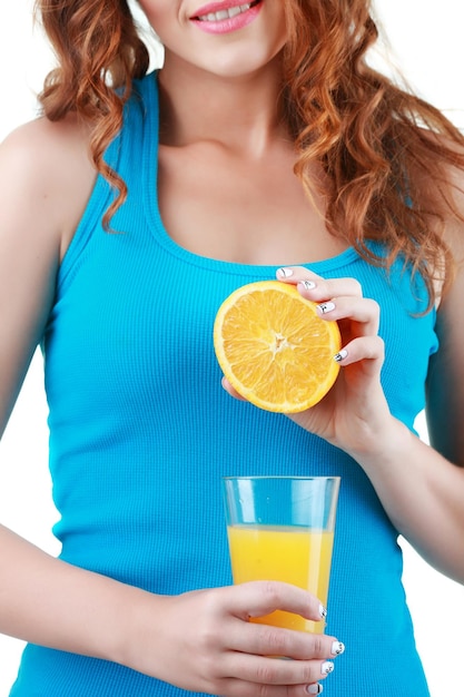 Young woman close up portrait drink juice. Female model happy