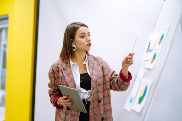 Young woman coach speaker giving flipchart presentation speaker leading training