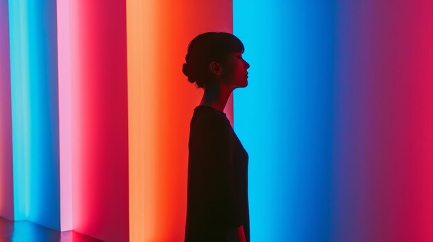 Photo young woman under colorful artistic light installation creating a striking silhouette against vibrant hues of red blue and pink