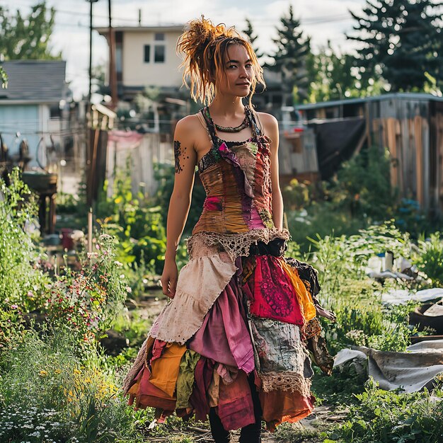 Photo young woman in colorful bohemian dress and hair in a garden